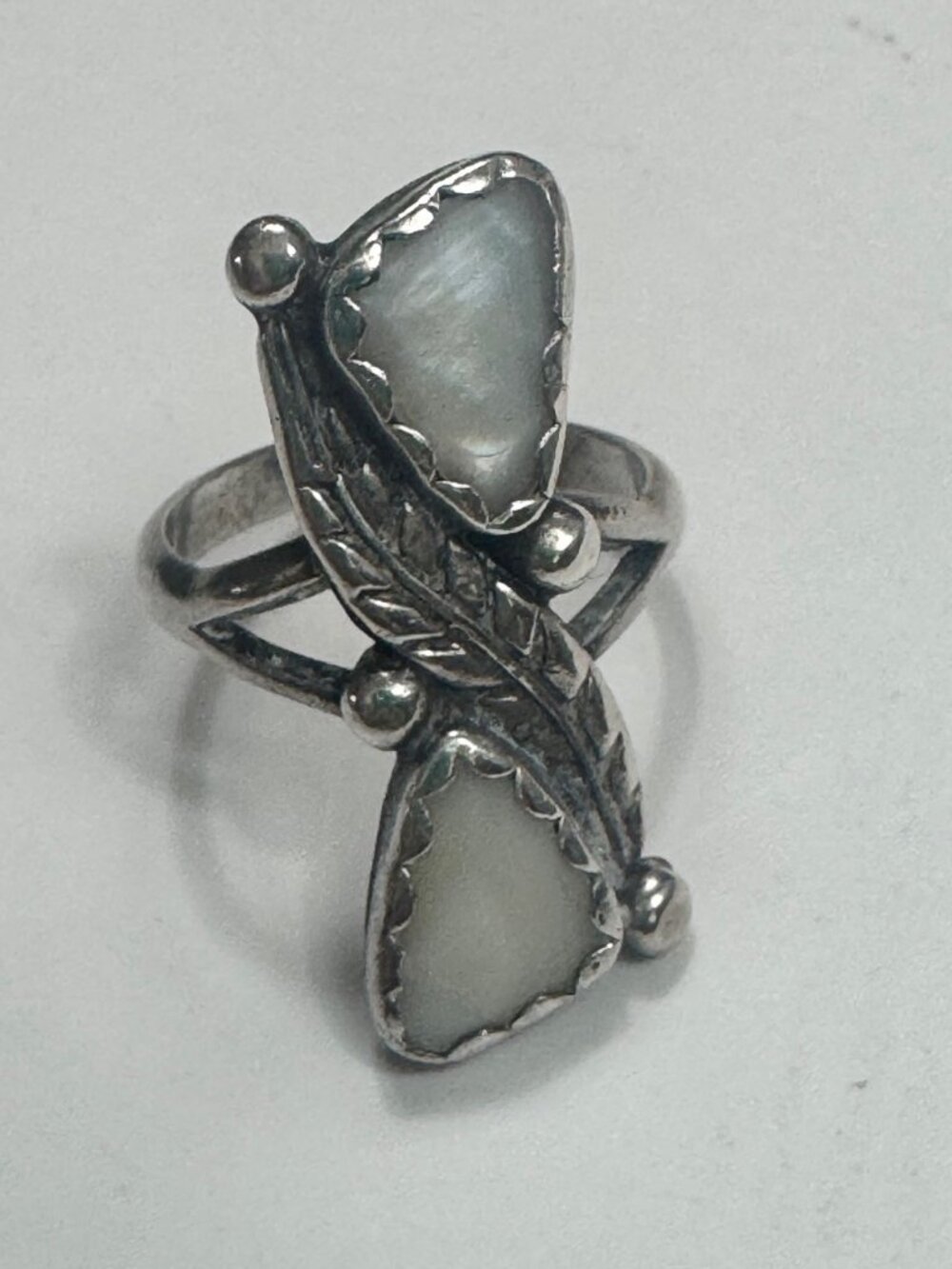 Native American Mother of Pearl Ring Approx Sz 6 2 Stone Sterling Silver Stamped